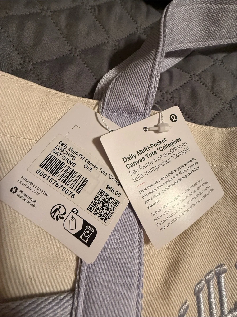 Lululemon Canvas Multi Pocket Tote Bag with Serene Blue Trim/Embroidered Logo